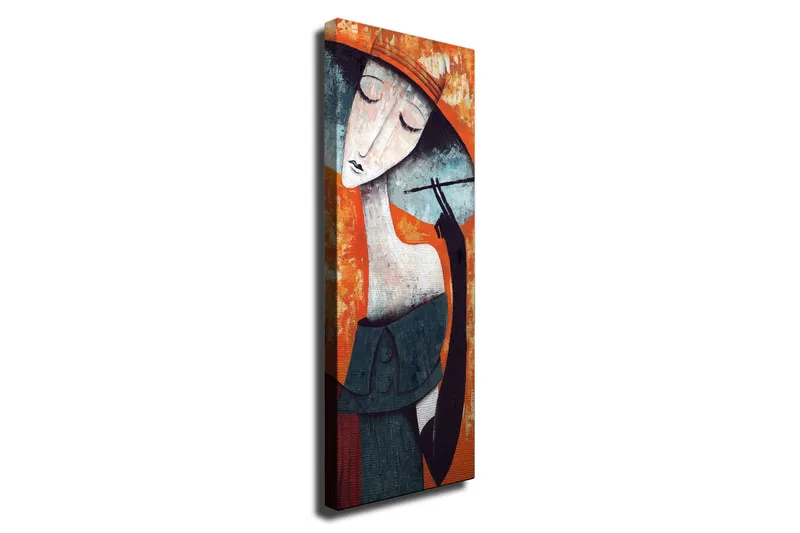 Lærredsbillede - Stiliseret kvinde med hat, der holder en cigaret, Orange / Mørkeblå / Hvid