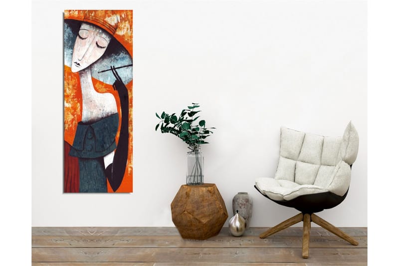 Lærredsbillede - Stiliseret kvinde med hat, der holder en cigaret - Orange / Mørkeblå / Hvid - Boligtilbehør - Billeder & kunst - Billeder på lærred