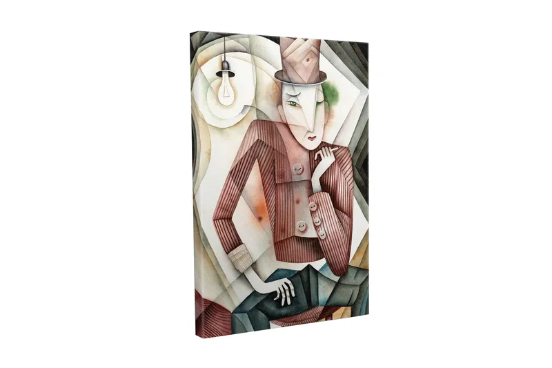 Lærredsbillede - Stiliseret mand i hat med et mystisk blik, Brun / Grøn / Beige