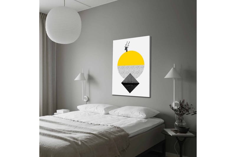 Lærredsbillede - Stiliseret rensdyr med en sol og geometriske former - Gul / Sort / Hvid - Boligtilbehør - Billeder & kunst - Billeder på lærred