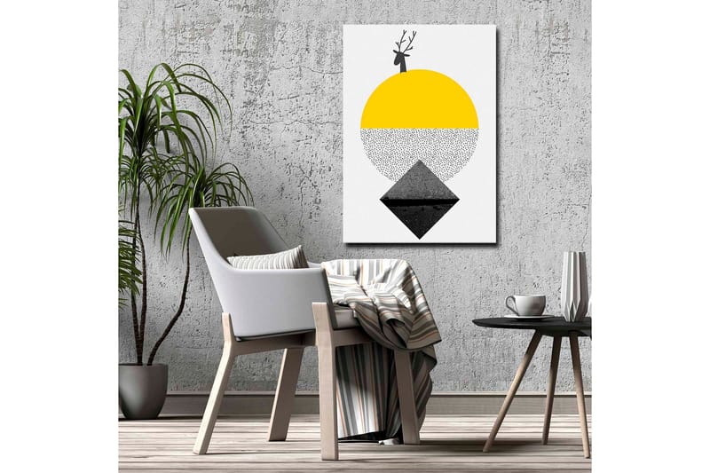 Lærredsbillede - Stiliseret rensdyr med en sol og geometriske former - Gul / Sort / Hvid - Boligtilbehør - Billeder & kunst - Billeder på lærred