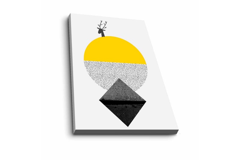Lærredsbillede - Stiliseret rensdyr med en sol og geometriske former, Gul / Sort / Hvid