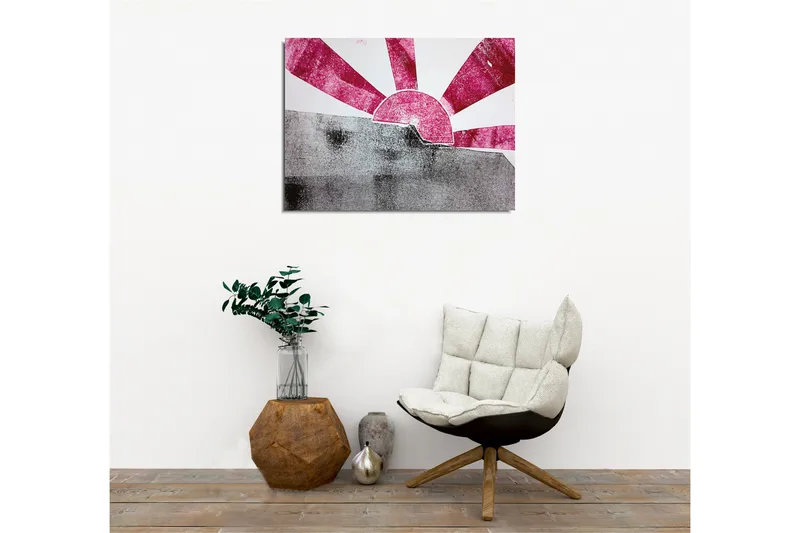 Lærredsbillede - Stiliseret solopgang med stråler i pink og grå - Lyserød / Grå - Boligtilbehør - Billeder & kunst - Billeder på lærred