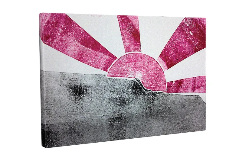 Lærredsbillede - Stiliseret solopgang med stråler i pink og grå, Lyserød / Grå