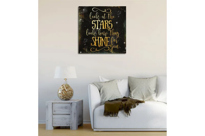 Lærredsbillede - Stjernehimmel med inspirerende tekst - Guld / Sort - Boligtilbehør - Billeder & kunst - Billeder på lærred