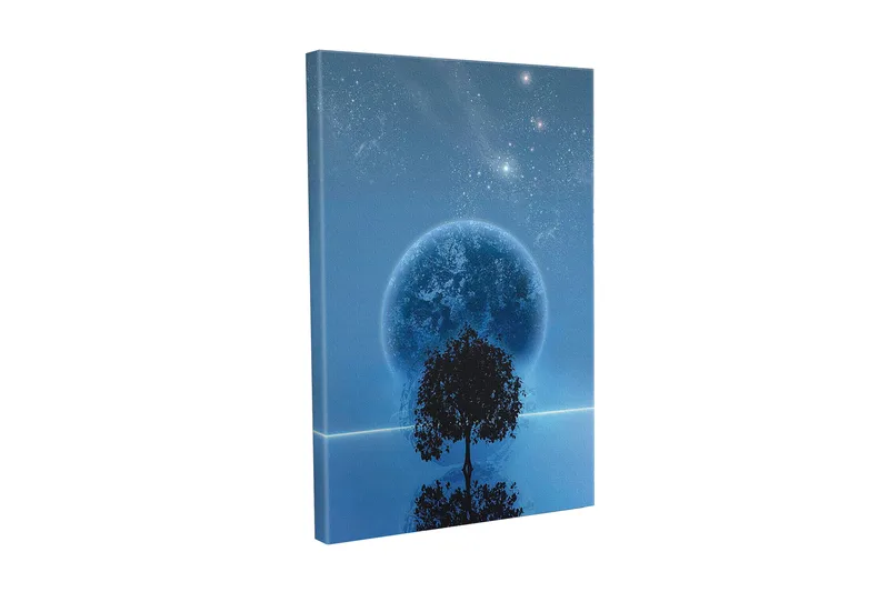 Lærredsbillede - Stjernenat med en stor måne og silhuet af et træ i horisonten, Mørkeblå / Sort / Lyseblå