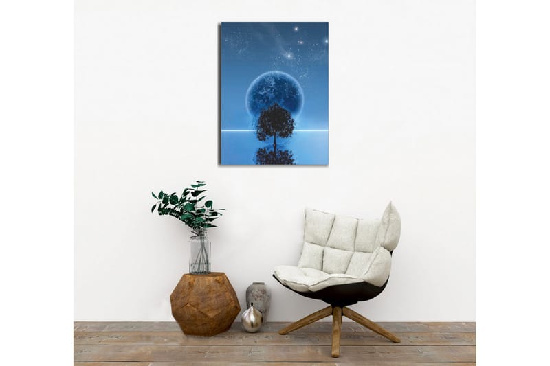 Lærredsbillede - Stjernenat med en stor måne og silhuet af et træ i horisonten - Mørkeblå / Sort / Lyseblå - Boligtilbehør - Billeder & kunst - Billeder på lærred
