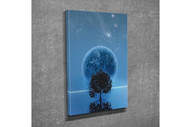 Lærredsbillede - Stjernenat med en stor måne og silhuet af et træ i horisonten - Mørkeblå / Sort / Lyseblå - Boligtilbehør - Billeder & kunst - Billeder på lærred