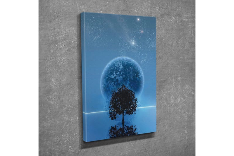 Lærredsbillede - Stjernenat med en stor måne og silhuet af et træ i horisonten - Mørkeblå / Sort / Lyseblå - Boligtilbehør - Billeder & kunst - Billeder på lærred