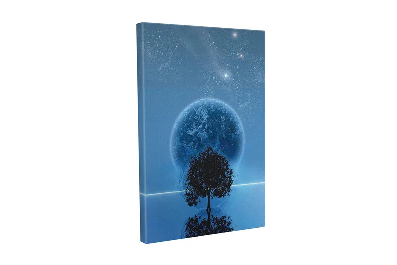 Lærredsbillede - Stjernenat med en stor måne og silhuet af et træ i horisonten, Mørkeblå / Sort / Lyseblå