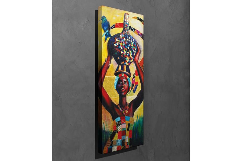 Lærredsbillede - Stolt kvinde, der bærer en farverig krukke på hovedet med en fugl på skulderen - Gul / Rød / Blå - Boligtilbehør - Billeder & kunst - Billeder på lærred