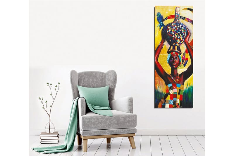 Lærredsbillede - Stolt kvinde, der bærer en farverig krukke på hovedet med en fugl på skulderen - Gul / Rød / Blå - Boligtilbehør - Billeder & kunst - Billeder på lærred