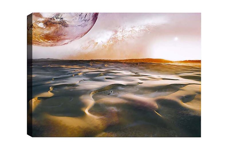 Lærredsbillede - Storslået ørkenlandskab med en planet i baggrunden, Guld / Grå / Orange