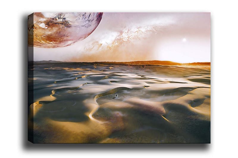 Lærredsbillede - Storslået ørkenlandskab med en planet i baggrunden, Guld / Brun / Orange