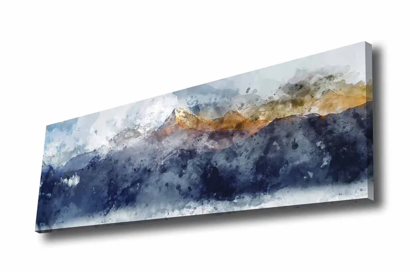 Lærredsbillede - Storslået bjerglandskab med snedækkede tinder, Mørkeblå / Grå / Guld