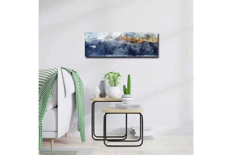 Lærredsbillede - Storslået bjerglandskab med snedækkede tinder - Mørkeblå / Grå / Guld - Boligtilbehør - Billeder & kunst - Billeder på lærred