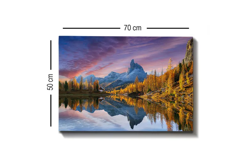 Lærredsbillede - Storslået bjerglandskab med spejling i sø - Guld / Blå / Grå - Boligtilbehør - Billeder & kunst - Billeder på lærred