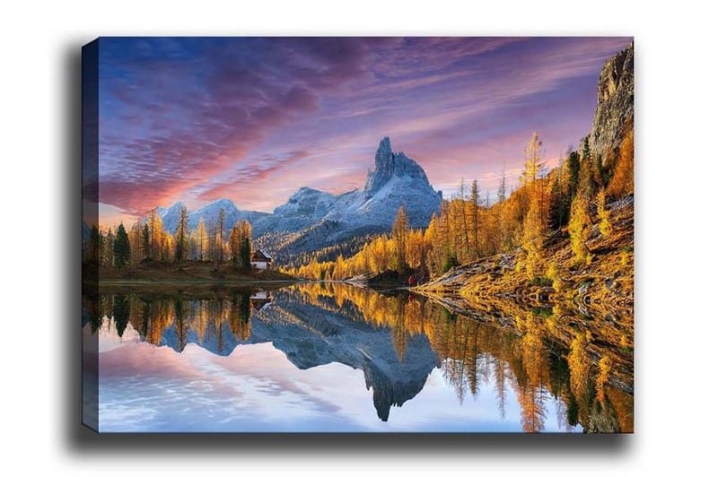 Lærredsbillede - Storslået bjerglandskab med spejling i sø, Guld / Blå / Grå