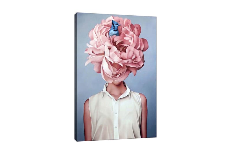 Lærredsbillede - Storslået blomst der erstatter en kvindes hoved, Lys pink / Blå / Hvid