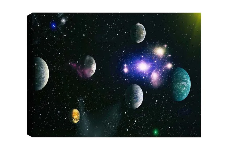 Lærredsbillede - Storslået rumscene med adskillige planeter og stjerner, Blå / Grøn / Lilla