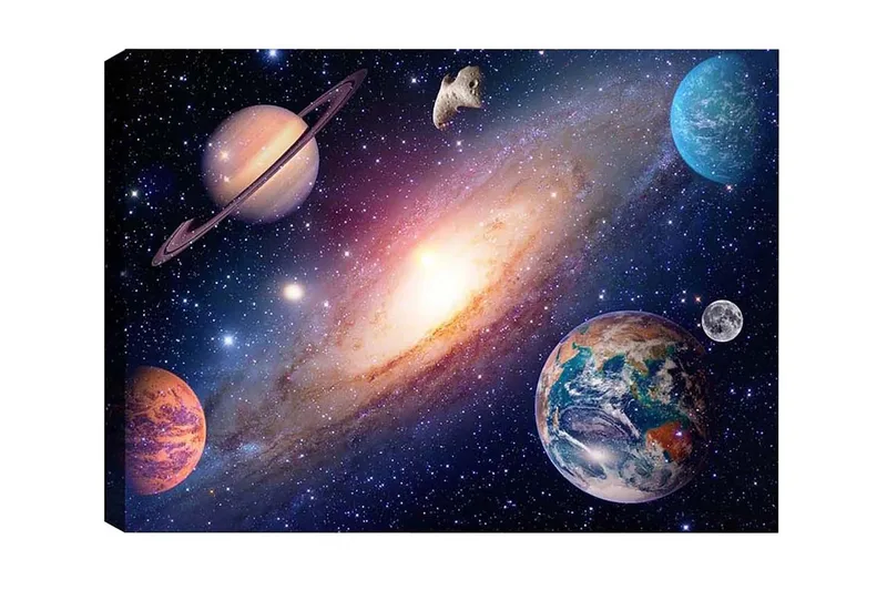 Lærredsbillede - Storslået rumscene med planeter og galakser, Blå / Lilla / Orange