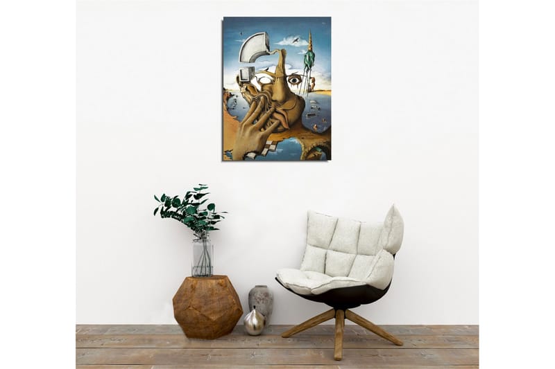 Lærredsbillede - Surrealistisk komposition med en hånd, der dækker ansigtet, og et øjebliksbillede af en drømmeverden - Beige / Blå / Grøn - Boligtilbehør - Billeder & kunst - Billeder på lærred