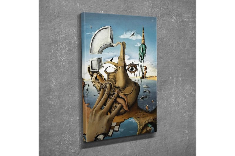 Lærredsbillede - Surrealistisk komposition med en hånd, der dækker ansigtet, og et øjebliksbillede af en drømmeverden - Beige / Blå / Grøn - Boligtilbehør - Billeder & kunst - Billeder på lærred