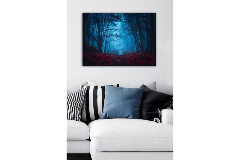 Lærredsbillede - Tåget skov med rødlige blade i en mystisk atmosfære - Mørkeblå / Rød - Boligtilbehør - Billeder & kunst - Billeder på lærred