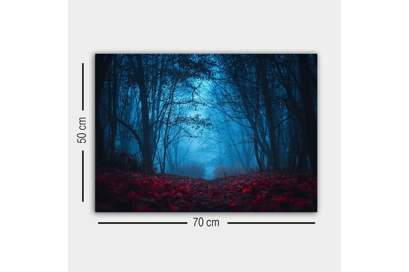 Lærredsbillede - Tåget skov med rødlige blade i en mystisk atmosfære - Mørkeblå / Rød - Boligtilbehør - Billeder & kunst - Billeder på lærred