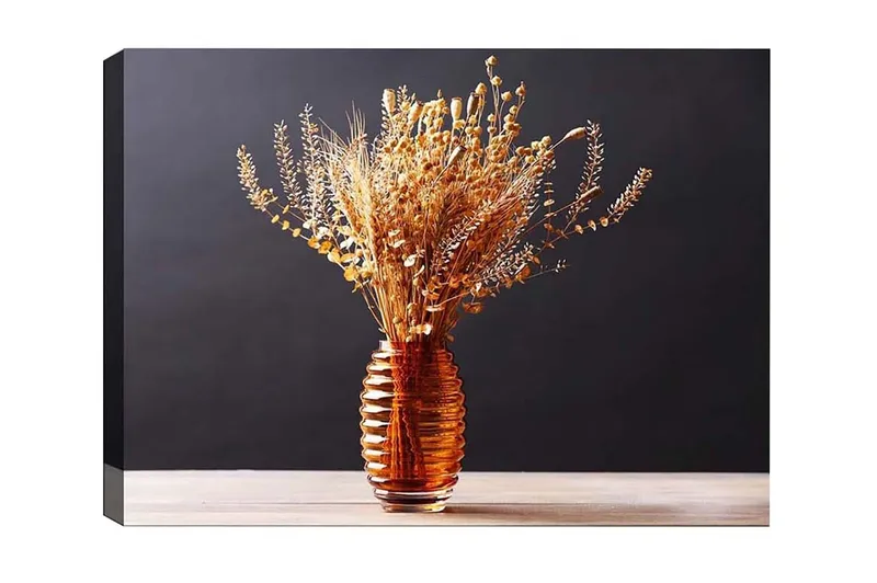 Lærredsbillede - Tørrede blomster i en elegant glasvase - Guld / Brun / Beige - Boligtilbehør - Billeder & kunst - Billeder på lærred
