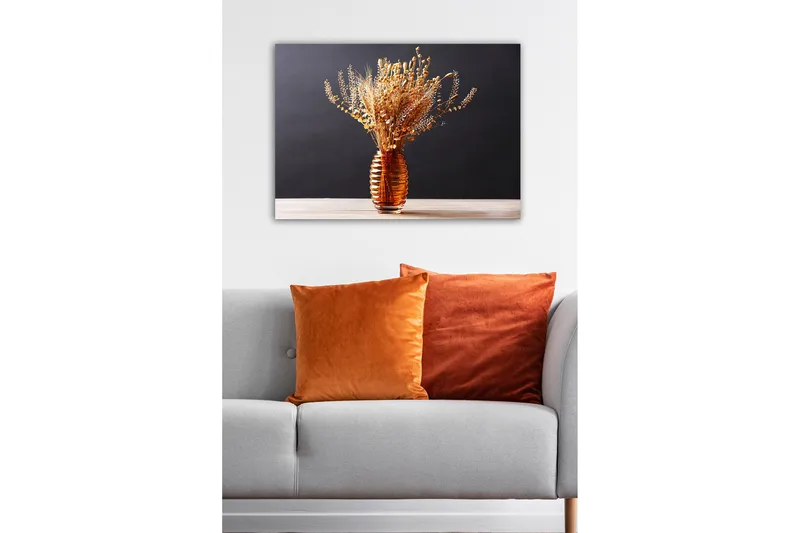 Lærredsbillede - Tørrede blomster i en elegant glasvase - Guld / Brun / Beige - Boligtilbehør - Billeder & kunst - Billeder på lærred