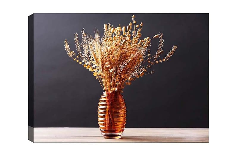 Lærredsbillede - Tørrede blomster i en elegant glasvase, Guld / Brun / Beige