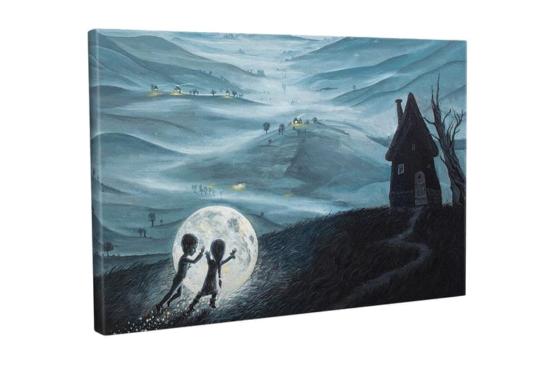 Lærredsbillede - To børn leger med en stor måne i et drømmeagtigt landskab, Mørkeblå / Lysegrå / Sort
