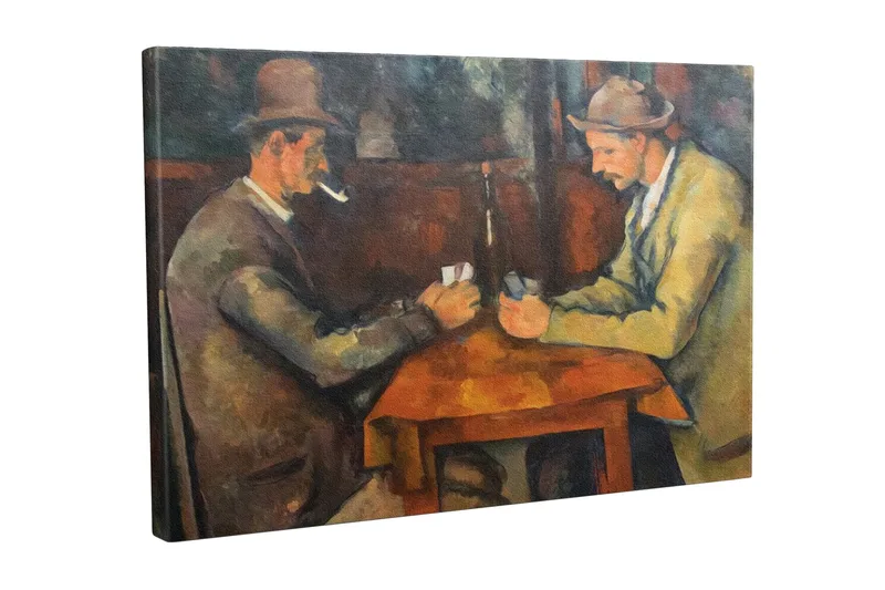 Lærredsbillede - To mænd spiller kort ved et bord, Mørkebrun / Beige / Orange