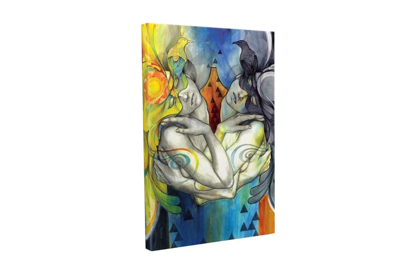 Lærredsbillede - To sammenflettede figurer med fugle på hovedet og farverige mønstre, Gul / Blå / Sort