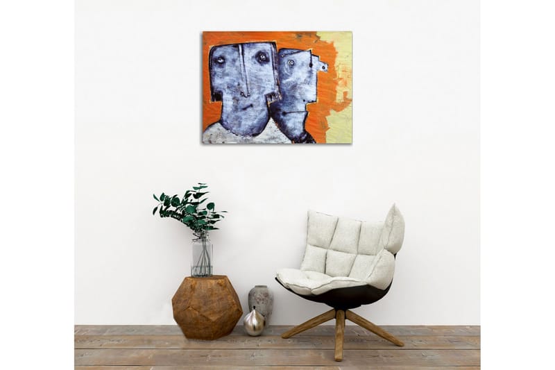 Lærredsbillede - To stiliserede ansigter med udtryksløse træk - Grå / Orange / Beige - Boligtilbehør - Billeder & kunst - Billeder på lærred