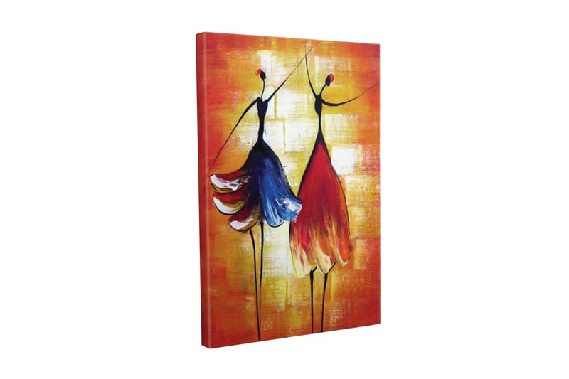 Lærredsbillede - To stiliserede kvinder i farverige kjoler dansende, Rød / Blå / Orange