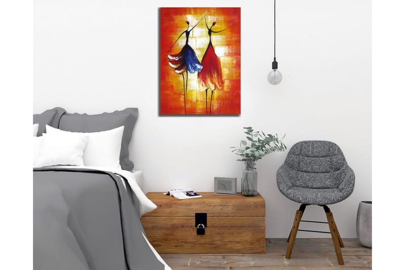 Lærredsbillede - To stiliserede kvinder i farverige kjoler dansende - Rød / Blå / Orange - Boligtilbehør - Billeder & kunst - Billeder på lærred