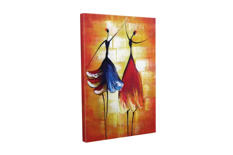 Lærredsbillede - To stiliserede kvinder i farverige kjoler dansende, Rød / Blå / Orange