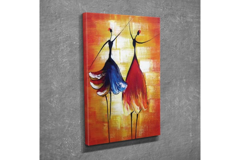 Lærredsbillede - To stiliserede kvinder i farverige kjoler dansende - Rød / Blå / Orange - Boligtilbehør - Billeder & kunst - Billeder på lærred