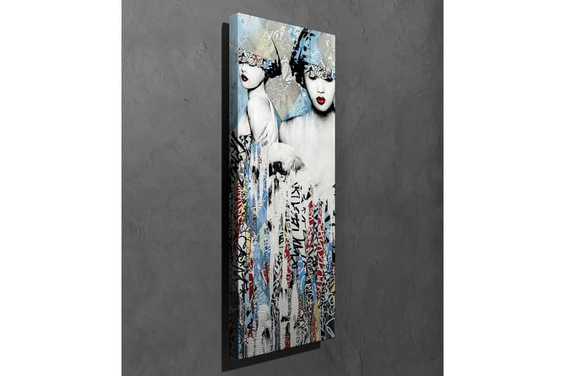 Lærredsbillede - To stiliserede kvinder med deres ansigter delvist skjult af hovedbeklædning og stærke røde læber - Blå / Sort / Rød - Boligtilbehør - Billeder & kunst - Billeder på lærred