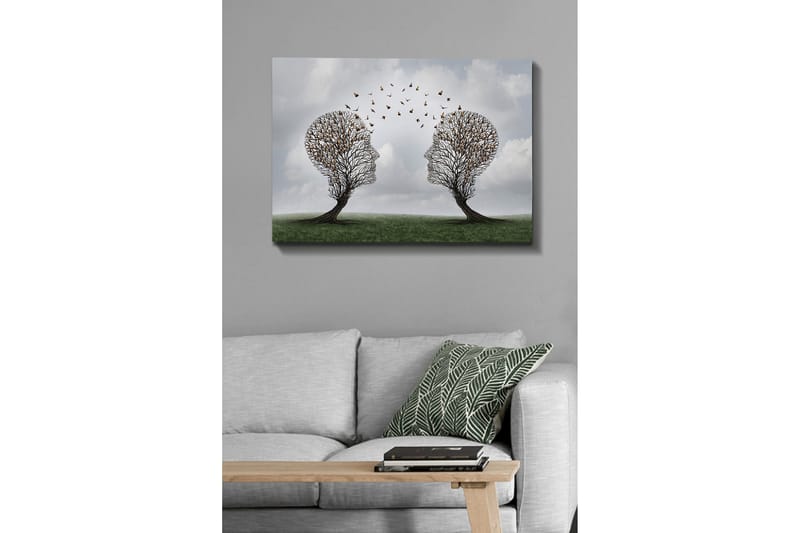 Lærredsbillede - To træer formet som ansigter med sommerfugle der svæver mellem dem - Brun / Grøn / Grå - Boligtilbehør - Billeder & kunst - Billeder på lærred