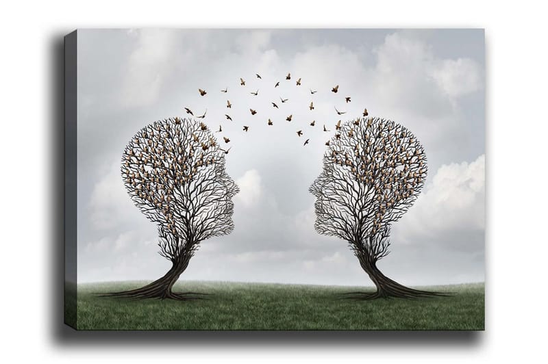 Lærredsbillede - To træer formet som ansigter med sommerfugle der svæver mellem dem, Brun / Grøn / Grå