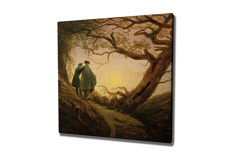 Lærredsbillede - To personer står sammen under et stort træ ved solnedgang, Mørkegrøn / Brun / Lys gul