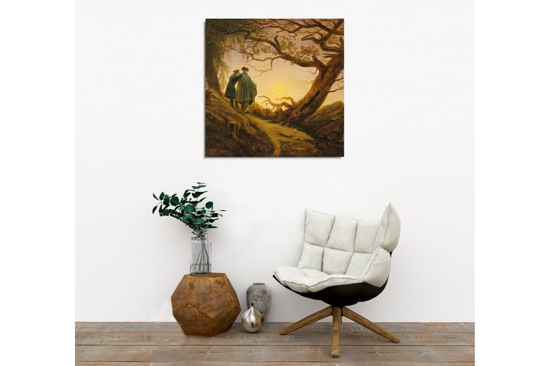 Lærredsbillede - To personer står sammen under et stort træ ved solnedgang - Mørkegrøn / Brun / Lys gul - Boligtilbehør - Billeder & kunst - Billeder på lærred