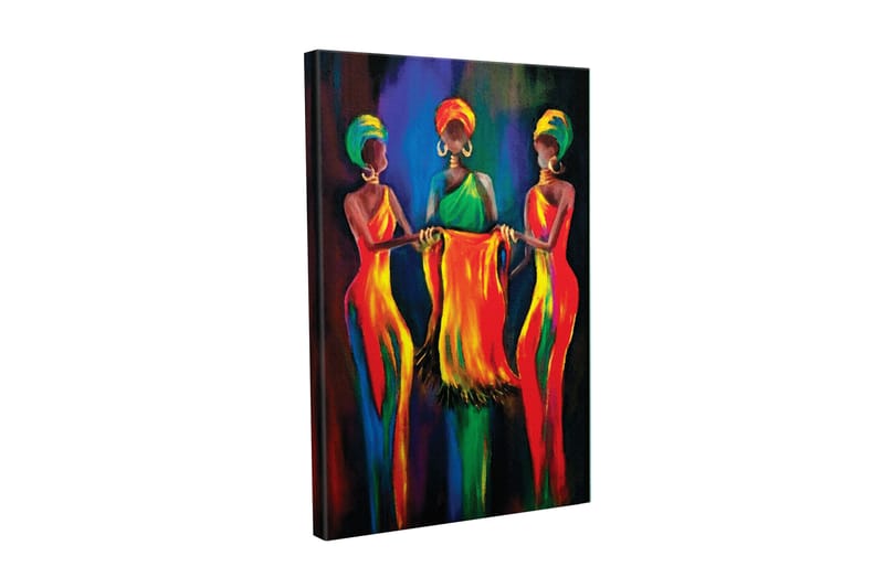Lærredsbillede - Tre kvinder i farverige kjoler holder et stykke stof sammen, Rød / Gul / Grøn