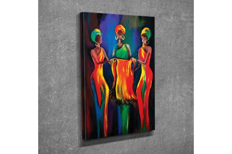 Lærredsbillede - Tre kvinder i farverige kjoler holder et stykke stof sammen - Rød / Gul / Grøn - Boligtilbehør - Billeder & kunst - Billeder på lærred