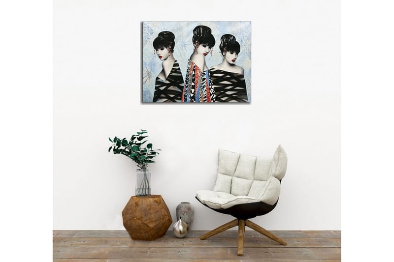 Lærredsbillede - Tre stiliserede kvinder med elegante frisurer og farverigt tøj - Sort / Rød / Blå - Boligtilbehør - Billeder & kunst - Billeder på lærred