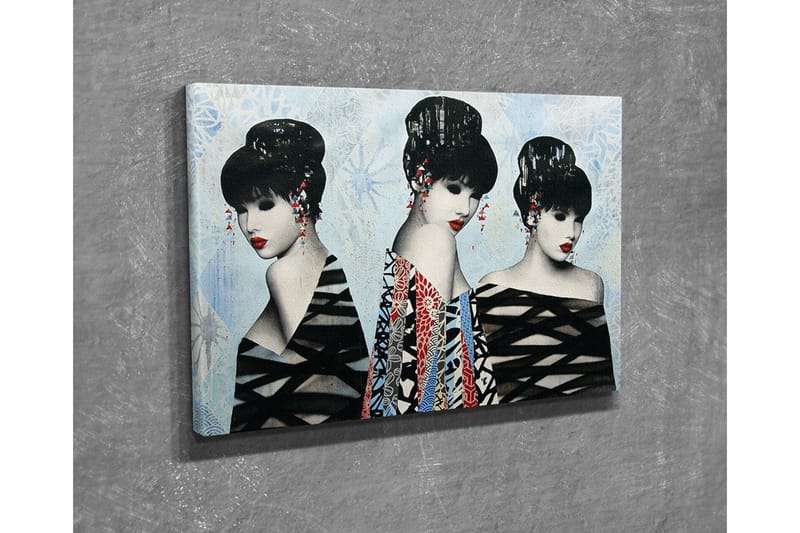 Lærredsbillede - Tre stiliserede kvinder med elegante frisurer og farverigt tøj - Sort / Rød / Blå - Boligtilbehør - Billeder & kunst - Billeder på lærred