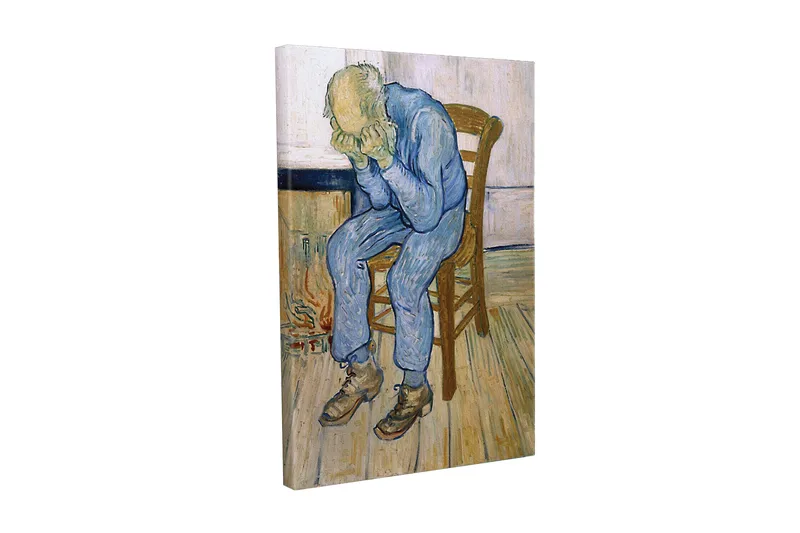 Lærredsbillede - Trist mand sidder på en stol med hovedet i hænderne, Blå / Beige / Brun